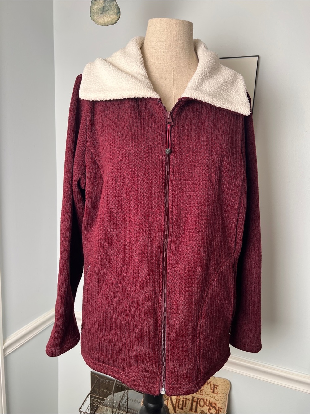 Talbots Burgundy Zip-Up Jacket with Cream Sherpa Collar Cozy and soft. Size 1X